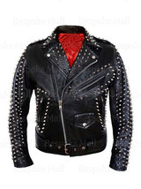 New Men&#39;s Handmade Punk Black Silver Spiked Studded Capman Leather Jacket-51 - £332.06 GBP