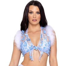 Butterfly Crop Top Sheer Tie Front Marabou Trim Iridescent Metallic Blue 6244 - £26.06 GBP