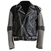 New Men&#39;s Full Black Punk Silver Spiked Studded Cowhide Leather Jacket - £151.84 GBP