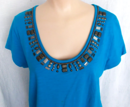 Embellished Scoop Neck Tunic Tank Top Aqua Blue Sz L - £3.94 GBP