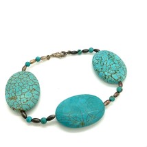 Vintage Signed 925 Chunky Oval Mountain Turquoise Beaded Stone Bracelet size 8 - £75.17 GBP