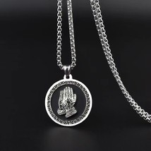 Men Black CZ Praying Hands Pendant Religious Necklace Stainless Steel Chain 24&quot; - £7.06 GBP