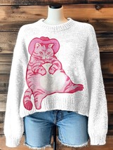 Women&#39;s Western Style Fat Cowcat Print Knit Sweatshirt - £25.43 GBP