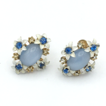 MOONGLOW floral screw-back earrings - pale blue oval cab white enamel fl... - £15.95 GBP