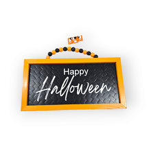 Happy Halloween Plaque Sign 14 Inch Orange Black Beaded Hanger Fall Decor - £11.58 GBP