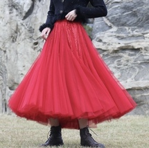 RED Tulle Midi Skirt with Sequins Outfit Women Plus Size Sparkly Red Tulle Skirt