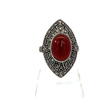 Vtg Signed Sterling Art Deco Oval Carnelian and Pave Marcasite Cocktail Ring 8 - £35.61 GBP