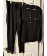 2 Pc Black Women&#39;s Set w Faux Pearl Embellishment on the Shirt &amp; Pants S... - $28.69