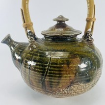 Teapot Bamboo Handle Artist Signed Stoneware Green Brown Vintage Pottery - $48.95