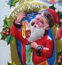 Santa Claus Papa Delight Smoking Pipe Holding Slippers Postcard Embossed Vintage - £12.35 GBP
