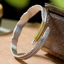 MEYRROYU Silver Color Handmade Feather Shape Gold Line Bangle Female Retro Creat - £10.03 GBP