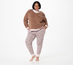 Cuddl Duds Petite Sherpa Pullover and Jersey Jogger Pajama Set Mocha/Leo... - $29.09