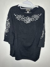 Bob Mackie&#39;s Floral Cut-out Embroidered Metallic Tunic Sweater In Black Medium - £24.59 GBP