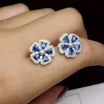 Pear Cut Lab-Created 2Ct Sapphire Flower Stud Earrings in 14K White Gold Plated - $94.24