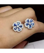 Pear Cut Lab-Created 2Ct Sapphire Flower Stud Earrings in 14K White Gold... - $128.33 CAD