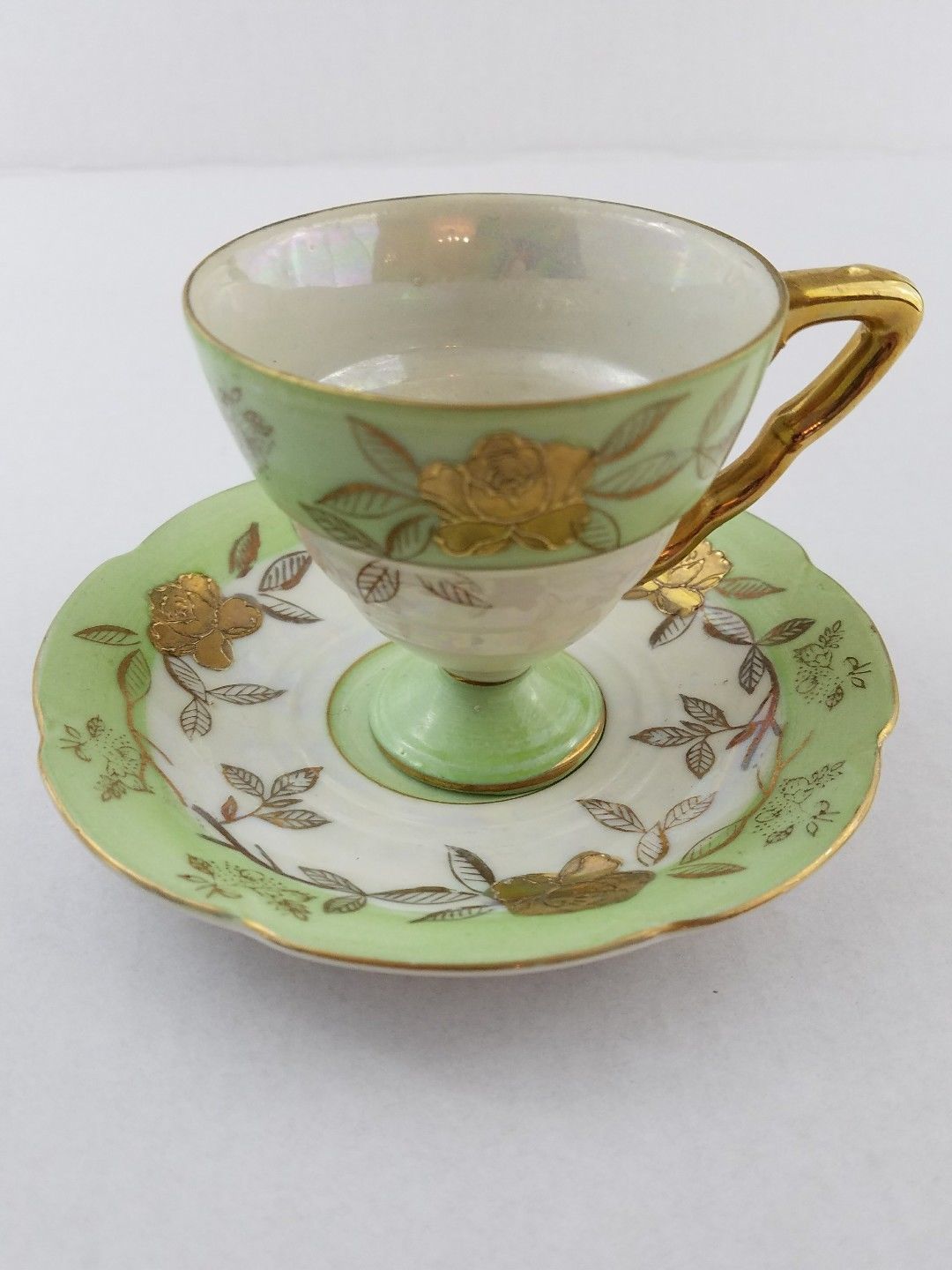 Vintage Lefton Demitasse Cup & Saucer Green & Gold China Hand painted Japan  #GS - $14.45