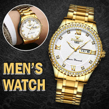 Men&#39;s Watch Gold Relojes De Hombre Classic Stainless Steel Quartz Diamond Watch - £144.02 GBP