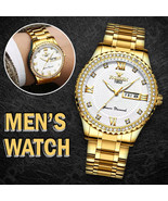 Men&#39;s Watch Gold Relojes De Hombre Classic Stainless Steel Quartz Diamon... - £141.36 GBP