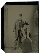 CIRCA 1860&#39;S 1/6 Plate TINTYPE Fancy Couple Man in Bowler Hat Woman With Shawl - £13.15 GBP
