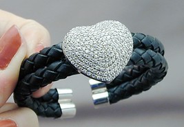 ATI Sterling Large Pave CZ Heart Woven Flexible Leather Cuff Bracelet - £39.37 GBP