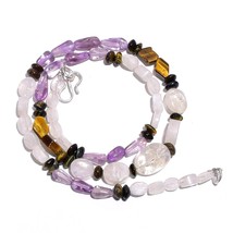 Natural Moonstone Amethyst Tiger Eye Gemstone Smooth Beads Necklace 17&quot; UB-5313 - £7.80 GBP