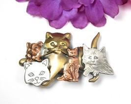 5 CATS PIN Vintage BROOCH Kittens Felines Tri-Color Copper-tone Brass-tone 2.5&quot; - £13.77 GBP