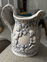 Vintage Blue and White Relief Cupid Pattern Ceramic Pitcher Vase - $13.55