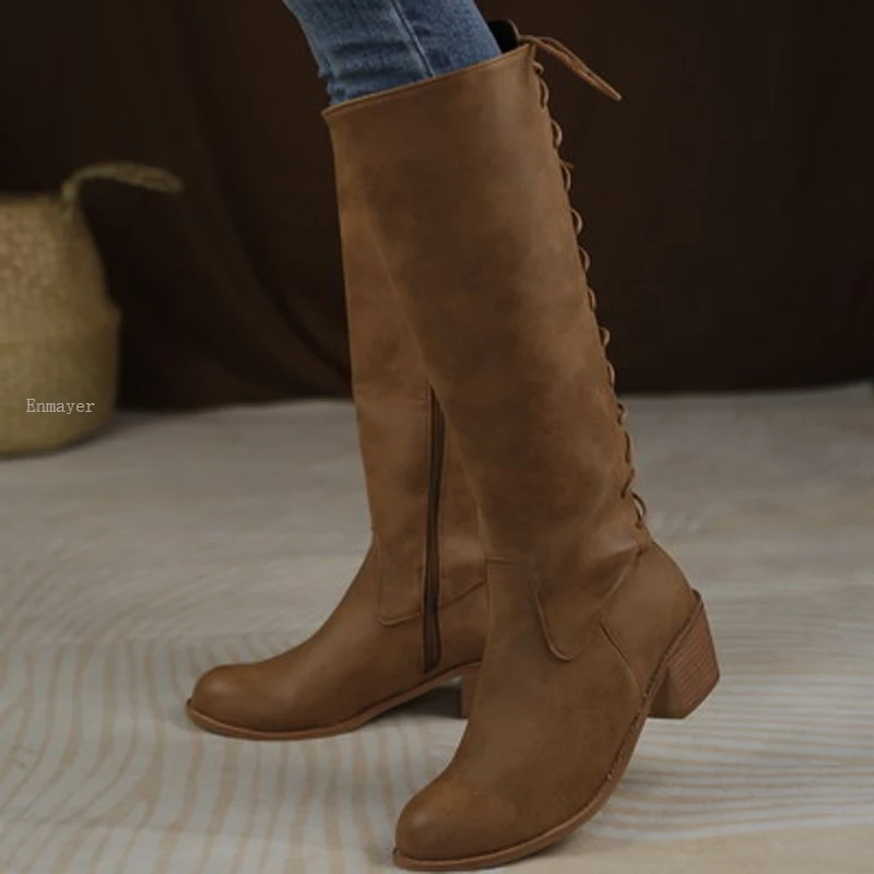  round head women knight boots square high heel zipper western cowboy boots zipper knee thumb200