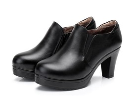 Round Toe Genuine Leather Women&#39;s Shoes Women Fashion High Heels Autumn Winter A - £62.88 GBP