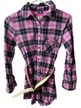 Justice Blouse Girls  10 Plaid Gauzy Button Up Belted tunic top Pink Black - £4.77 GBP