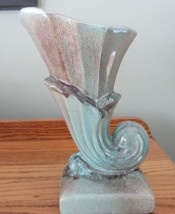 Vtg Gonder Pottery Art American Bluish Green Pink Upright Cornucopia Vase H-14 - £12.75 GBP