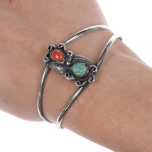 6 3/8&quot; vintage Native American silver, turquoise and coral cuff bracelet - £61.09 GBP