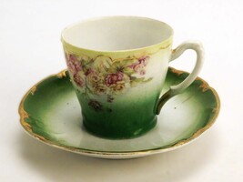 Vintage Teacup and Saucer Set, Emerald Green Porcelain, Rose Clusters, G... - $14.65