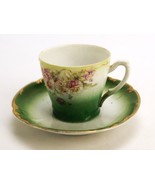 Vintage Teacup and Saucer Set, Emerald Green Porcelain, Rose Clusters, G... - $14.65