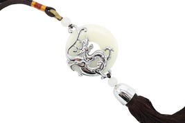 Beautiful Jade Round Coin with Silver Color Dragon Brown Tassel 14&quot; - $19.79