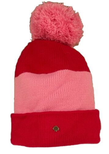Primary image for Kate Spade Color-block Pom Pom Beanie Knit Hat Red Pink Stripe Valentines Day