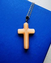 Cats Eye Stone Cross Stainless Steel Necklace Hand Carved - $18.81
