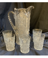 Vintage Imperial Daisy &amp; Button Clear Pressed Glass Water Pitcher &amp; 5 Gl... - £44.81 GBP