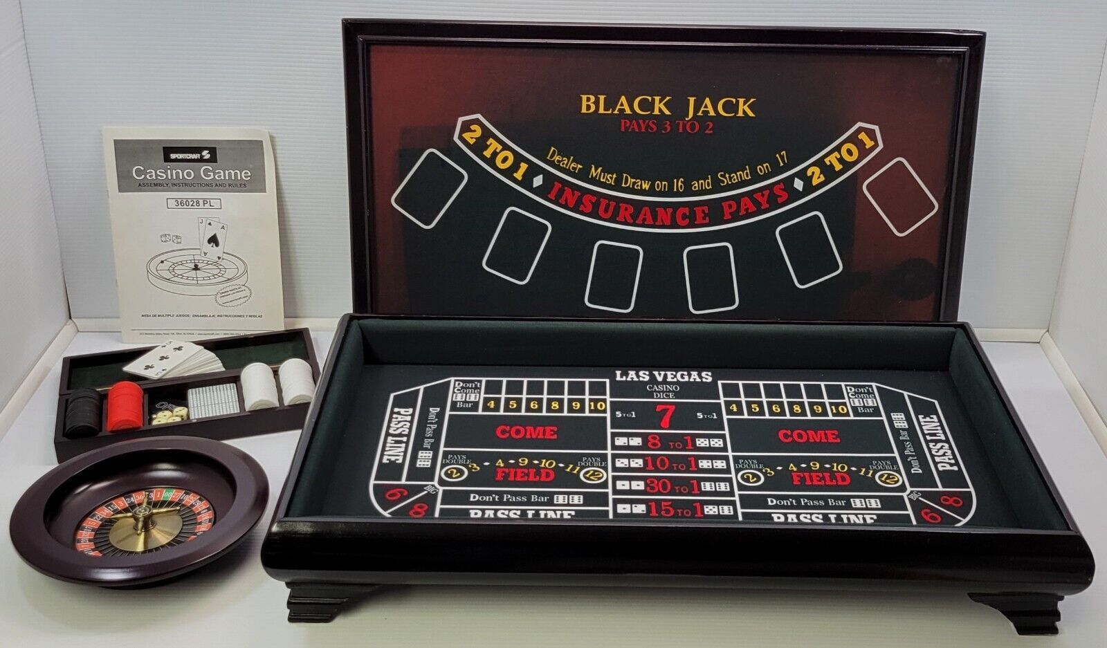 *Q) Sportcraft Casino Game Craps Roulette Blackjack Wooden Tabletop - $44.54