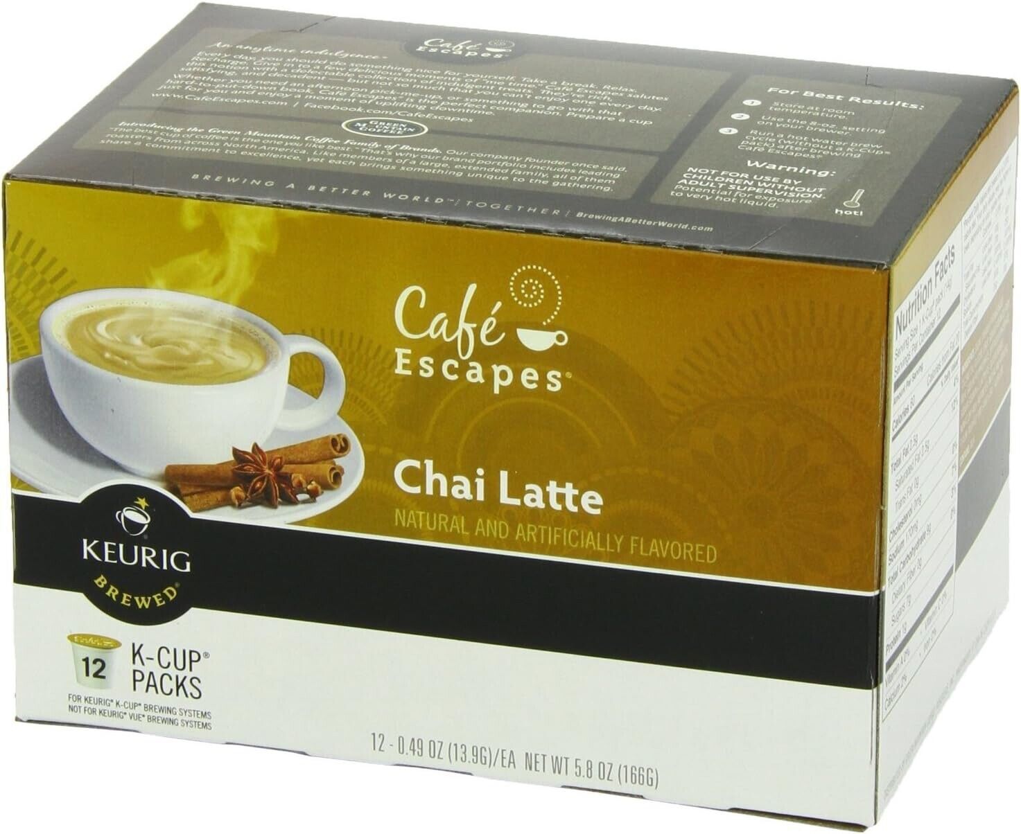 Primary image for (72 ct) Cafe Escapes Chai Latte Keurig Coffee K-cups (6 boxes x 12 ct)  BB 1/24