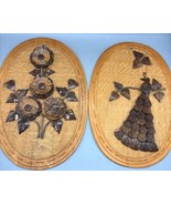 Vtg 70s Coconut Shell Art Flowers Peacocks Oval Framed Wall Decor Pair S... - $570.26 MXN