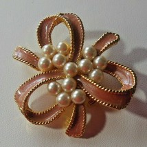 Vintage Gold-tone Pink Enamel &amp; Faux Pearl Ribbon Brooch - $24.26