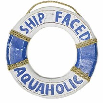 12&quot; Hand Carved Lifesaver Buoy Ship Faced Aquaholic Cute Sign White Wash - $19.74