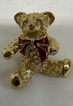 Avon Lapel Tack Pin Gold Tone Teddy Bear / Red Enamel Bow Christmas Bell... - £10.08 GBP