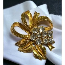 Vintage Floral Bow Brooch Gold Tone Rhinestones Pin - £11.70 GBP