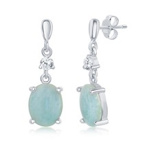 Sterling Silver Four-Prong Oval Larimar with CZ Dangle Earrings - £39.67 GBP