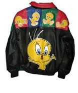 Vintage 1999 Looney Tunes Tweety Bird Leather Jacket Size M Unisex Zip - $224.73