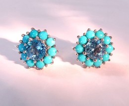 Sleeping Beauty Turquoise Round Cut Blue Topaz Sterling Flower Stud Earrings - £194.48 GBP