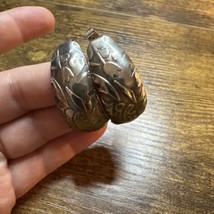 Vintage Silver Tone Half Hoop Earrings Embossed Floral Large 1.4”x.75” - $14.95