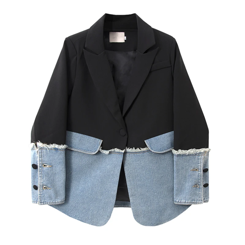 Plaid Suit Denim Stitch Jacket Women&#39;s Spring And Autumn Design Sense Korean Ver - £200.20 GBP